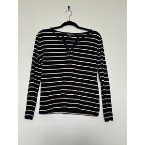 Ralph Lauren Shirt Womens M Long Sleeve V Neck Striped Black Cream 100% Cotton